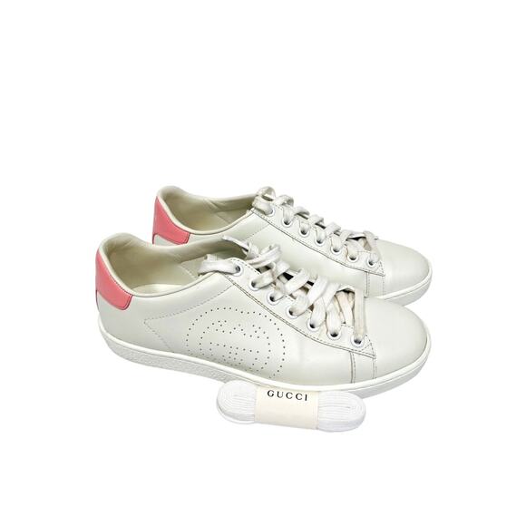 GUCCI $750 White Pink Perforated Leather Interlocking GG Ace Sneakers IT 35 US 5 - Picture 9 of 11